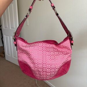Vintage Coach Pink SoHo Crescent Signature Jacquard Canvas Leather Purse Bag 💕